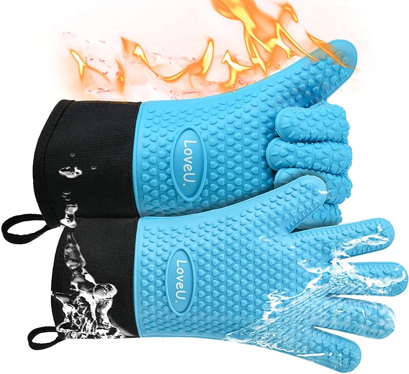 Loveuing Kitchen Oven Gloves - Dual-Layer Heat Resistant Grilling Gloves, Silicone Oven Mitts with 5 Fingers, Waterproof Non-Slip Pot Holder for Barbecue, Cooking, Baking (Blue, Long) - Image 1